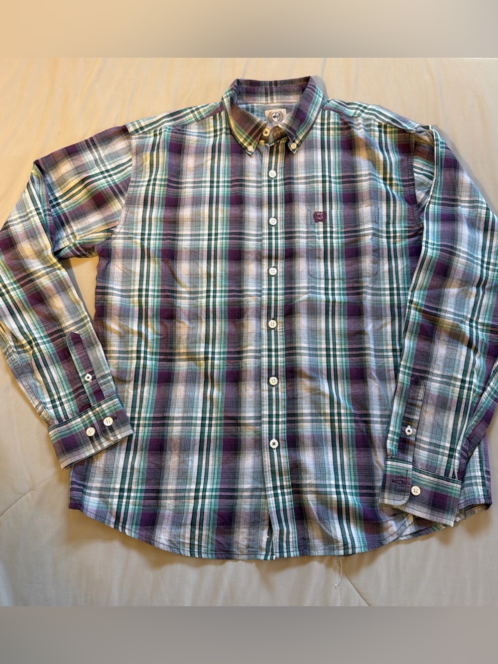 Cinch Plaid Cotton Long Sleeve Button-Up Shirt Purple Gray Youth XXL 16-18